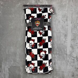 Ed Hardy Printed Plush Oversized Throw Blanket Skulls Roses Checkerboard 60x70